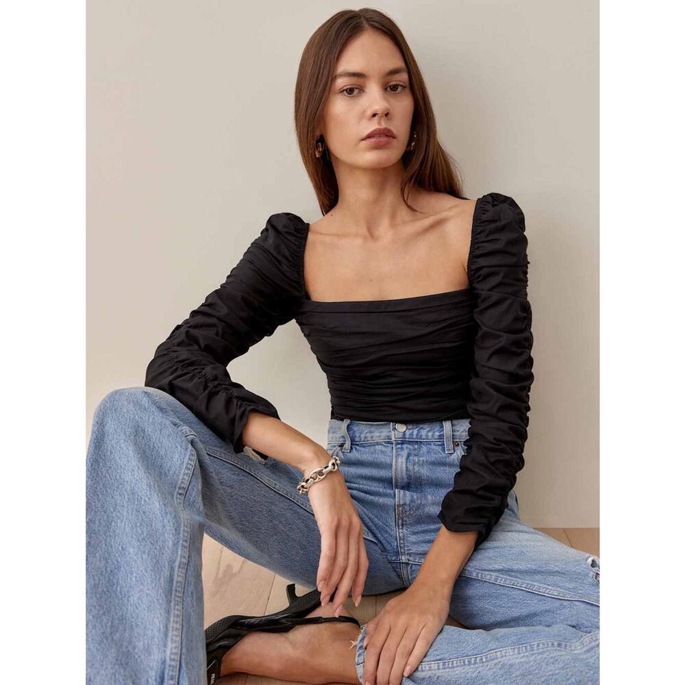 Reformation Black Ruched Long Sleeve Joi Top Size 2